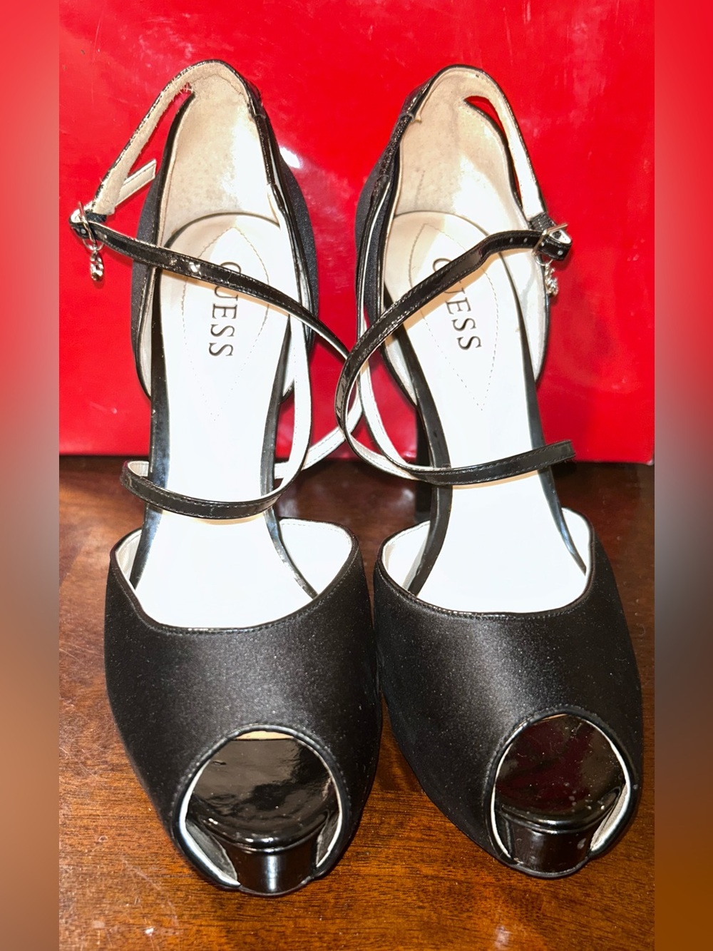 GUESS Black Satin Peep-Toe Ankle Strap Heels
